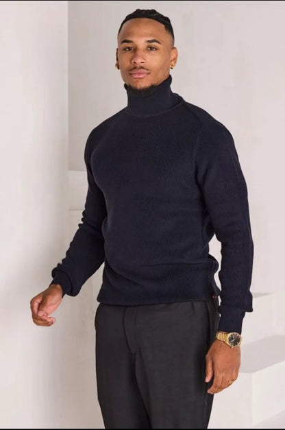 Dark blue ribbed turtleneck sweater