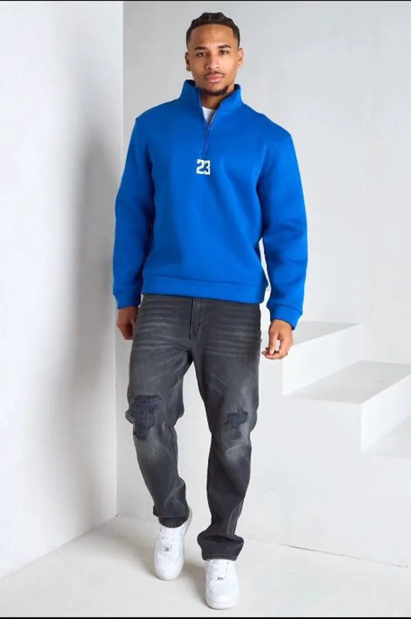 Pull bleu royal à col montant zipé avec inscription
