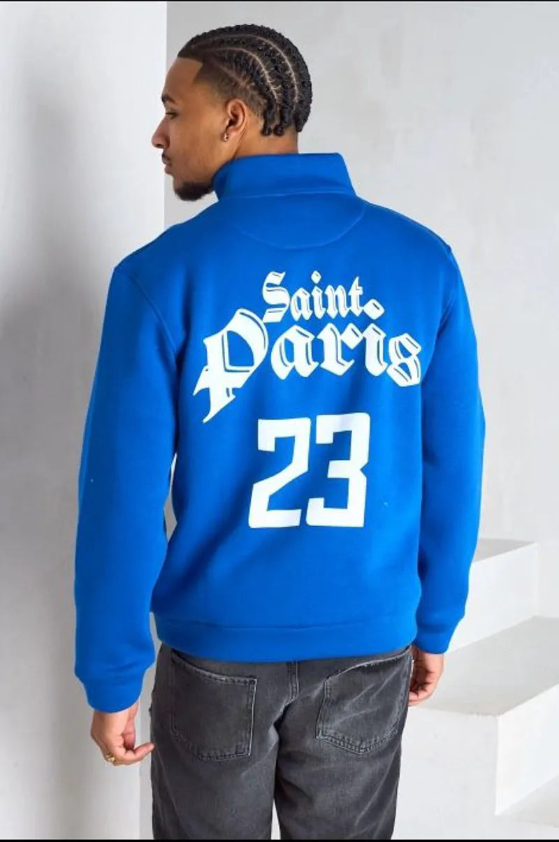 Pull bleu royal à col montant zipé avec inscription