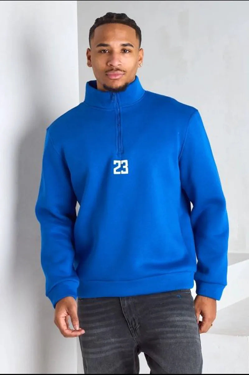 Pull bleu royal à col montant zipé avec inscription