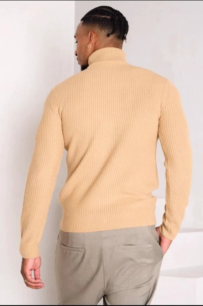 Camel-colored knitted turtleneck sweater