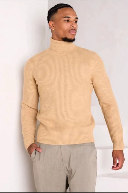 Camel-colored knitted turtleneck sweater