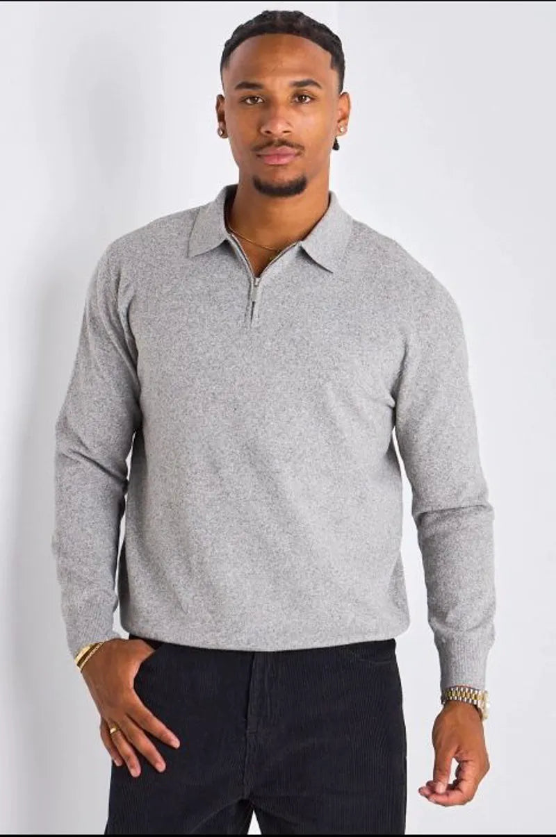Pull demi-zip manches longues à col rabat gris