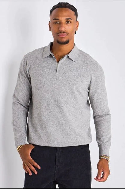 Pull demi-zip manches longues à col rabat gris