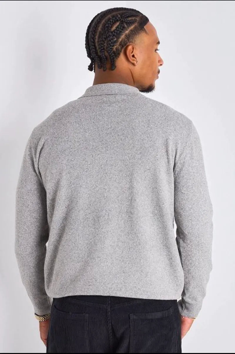 Pull demi-zip manches longues à col rabat gris