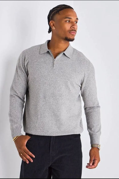 Pull demi-zip manches longues à col rabat gris
