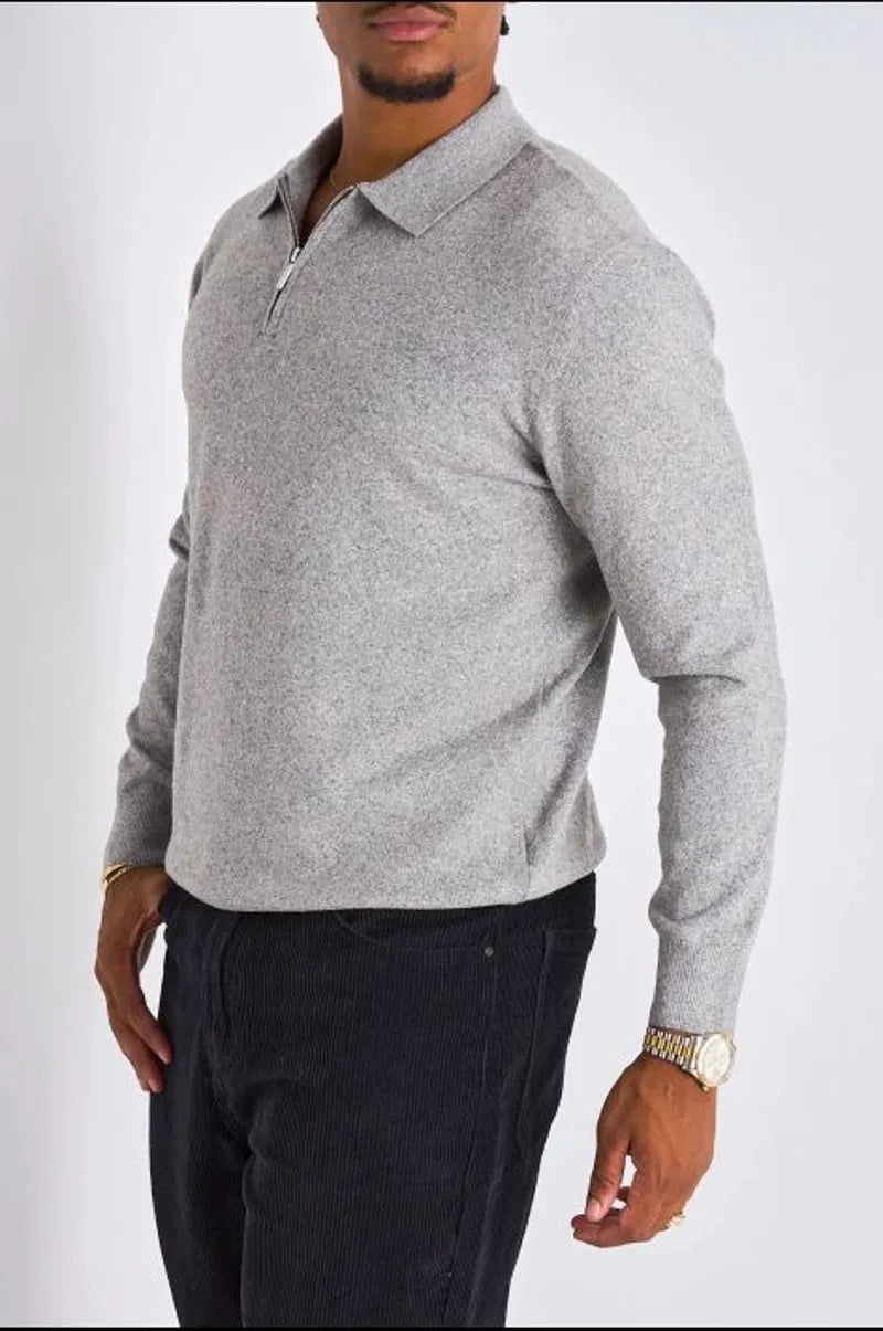 Pull demi-zip manches longues à col rabat gris