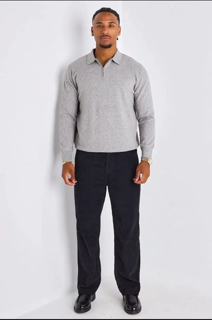 Pull demi-zip manches longues à col rabat gris