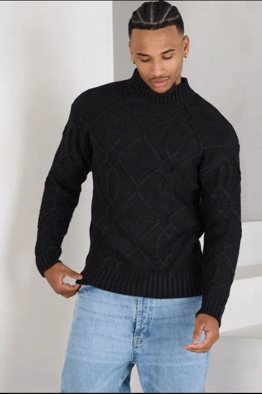 Black knitted wool sweater with patterns