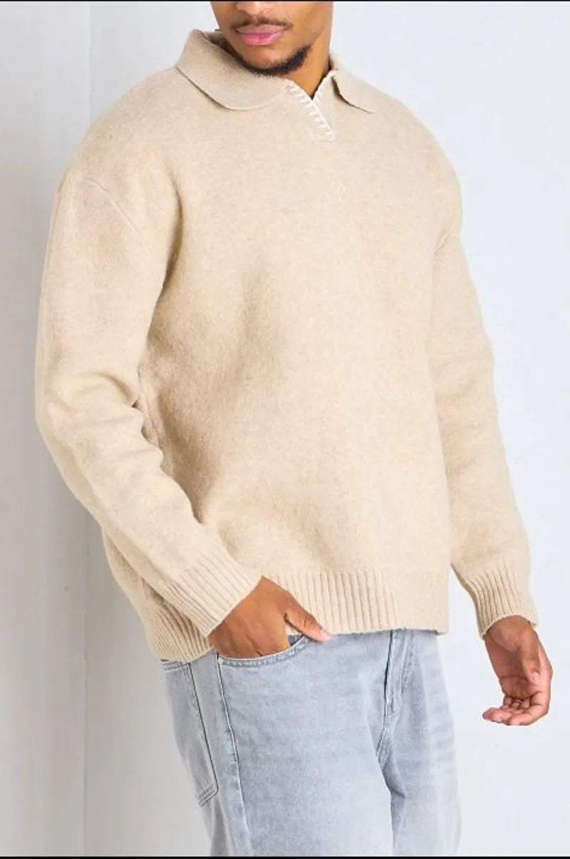 Dark beige wool sweater with a polo collar