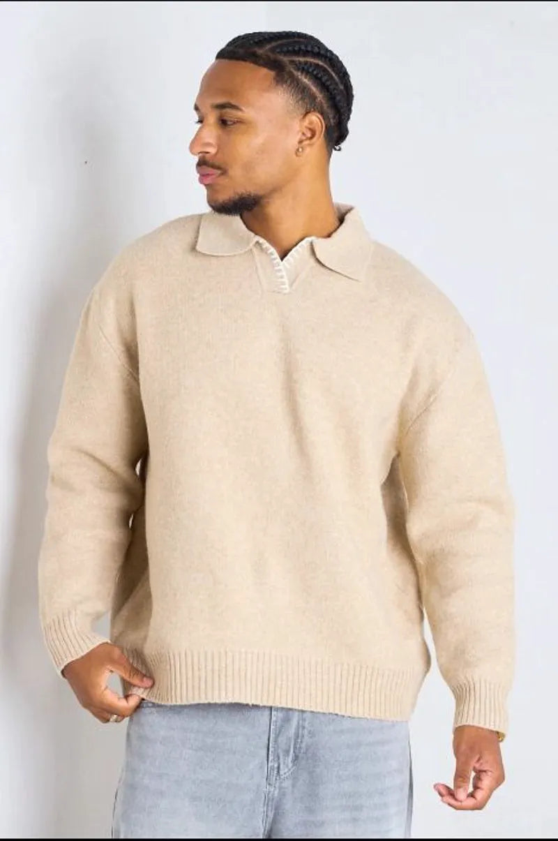 Dark beige wool sweater with a polo collar
