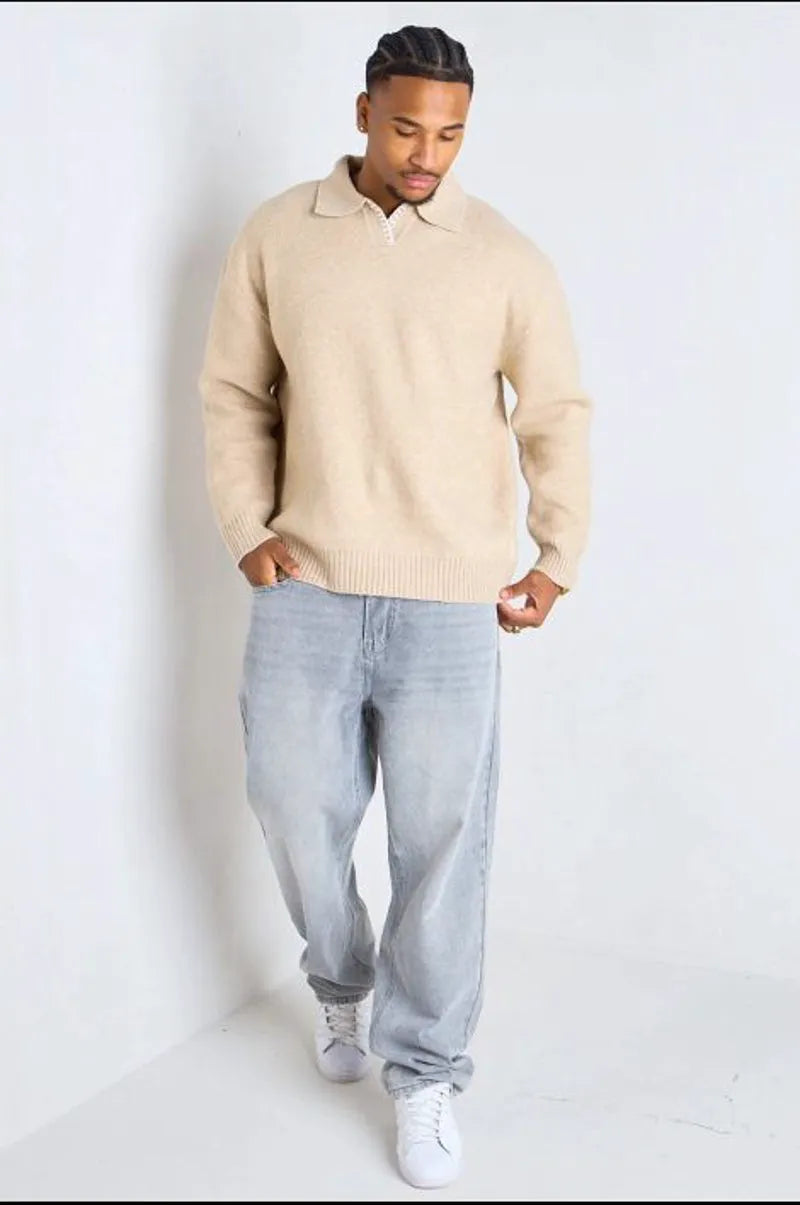 Dark beige wool sweater with a polo collar