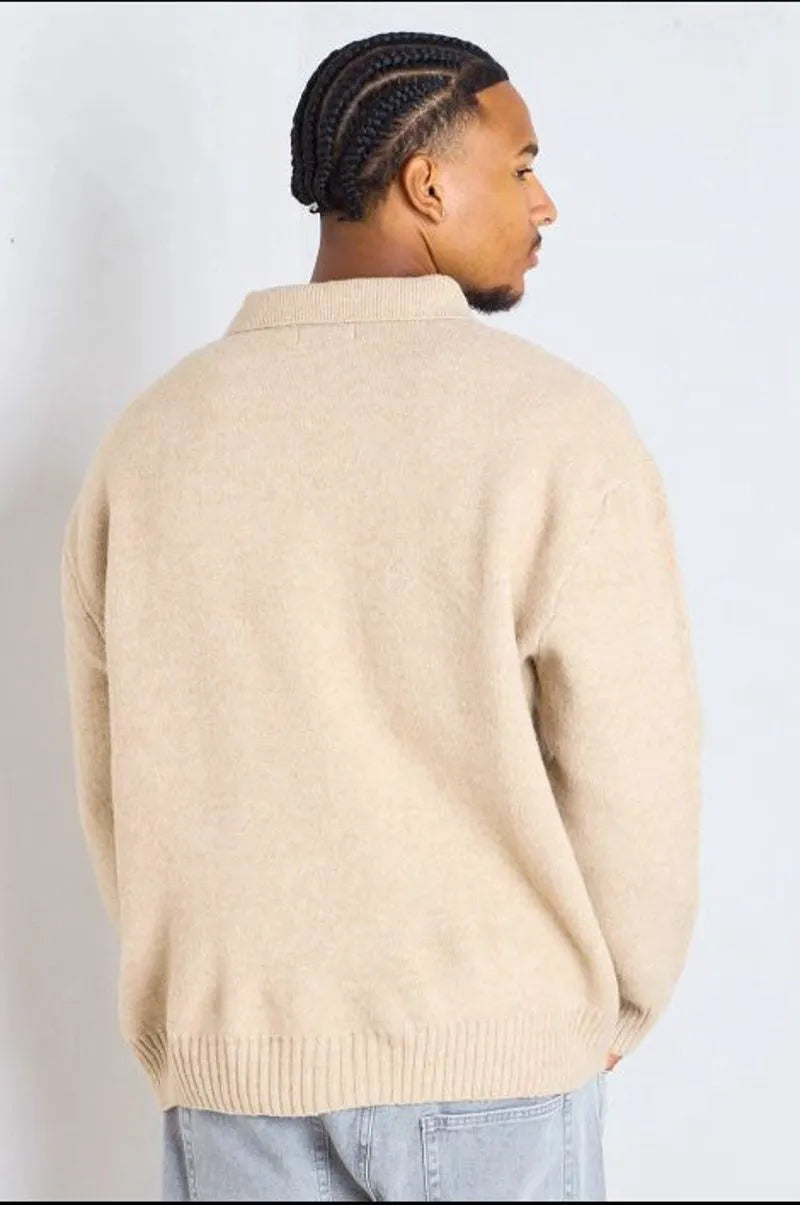 Dark beige wool sweater with a polo collar