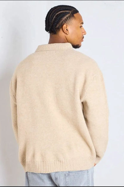Dark beige wool sweater with a polo collar