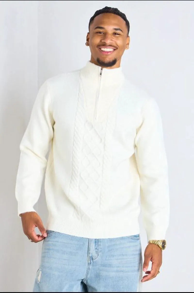 Ecru wool sweater with embossed knit pattern