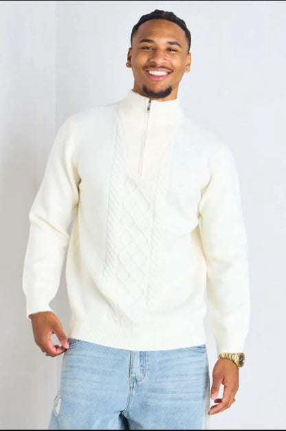 Ecru wool sweater with embossed knit pattern
