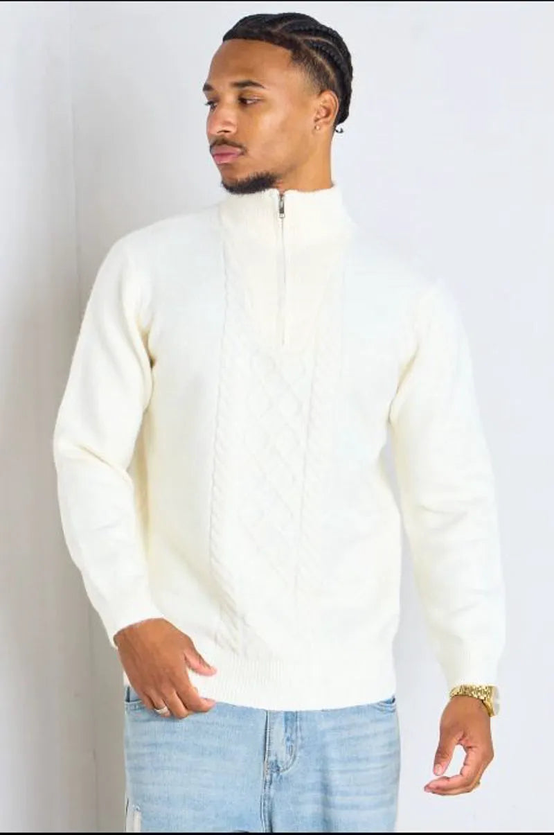 Ecru wool sweater with embossed knit pattern