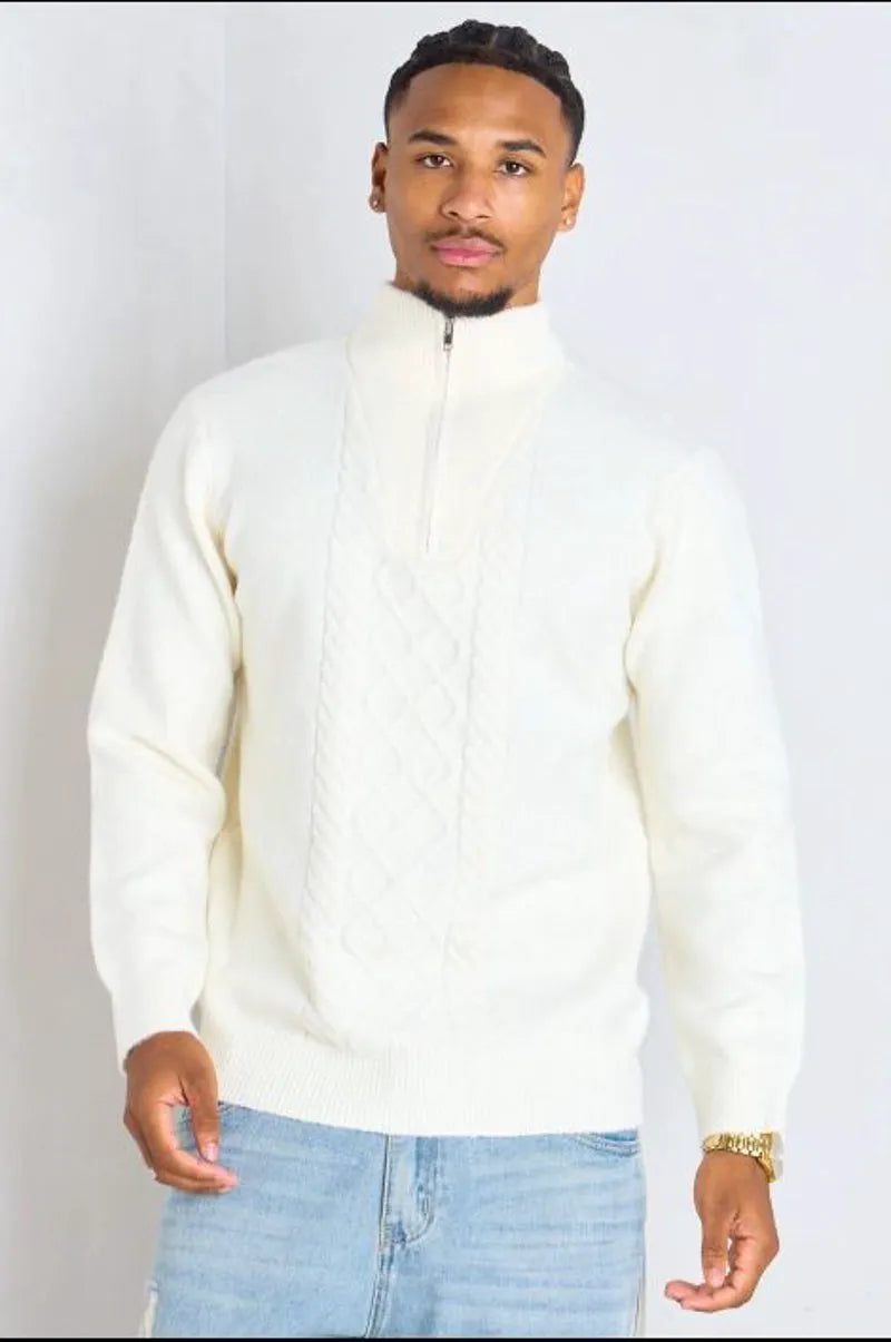 Ecru wool sweater with embossed knit pattern