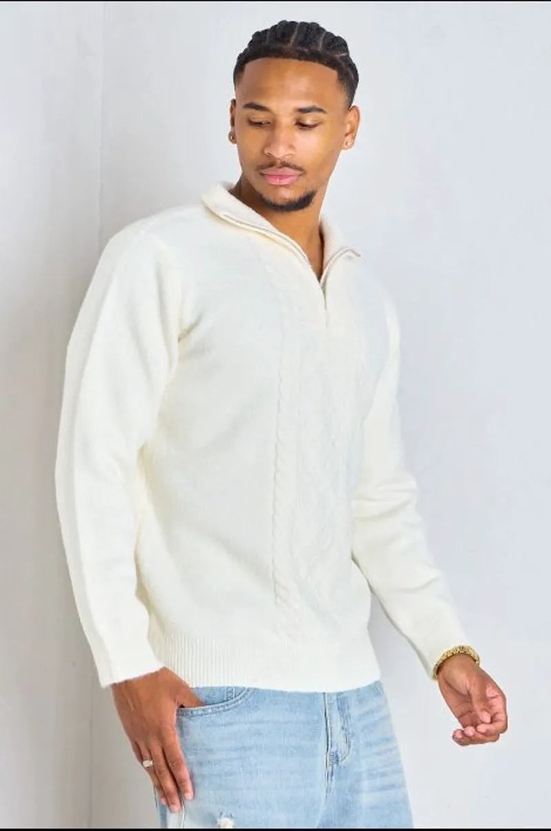Ecru wool sweater with embossed knit pattern