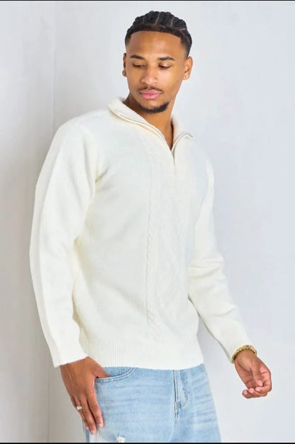 Ecru wool sweater with embossed knit pattern