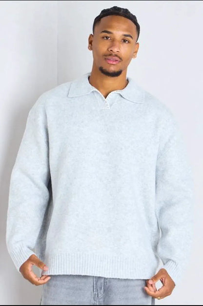 Gray wool sweater with a polo collar