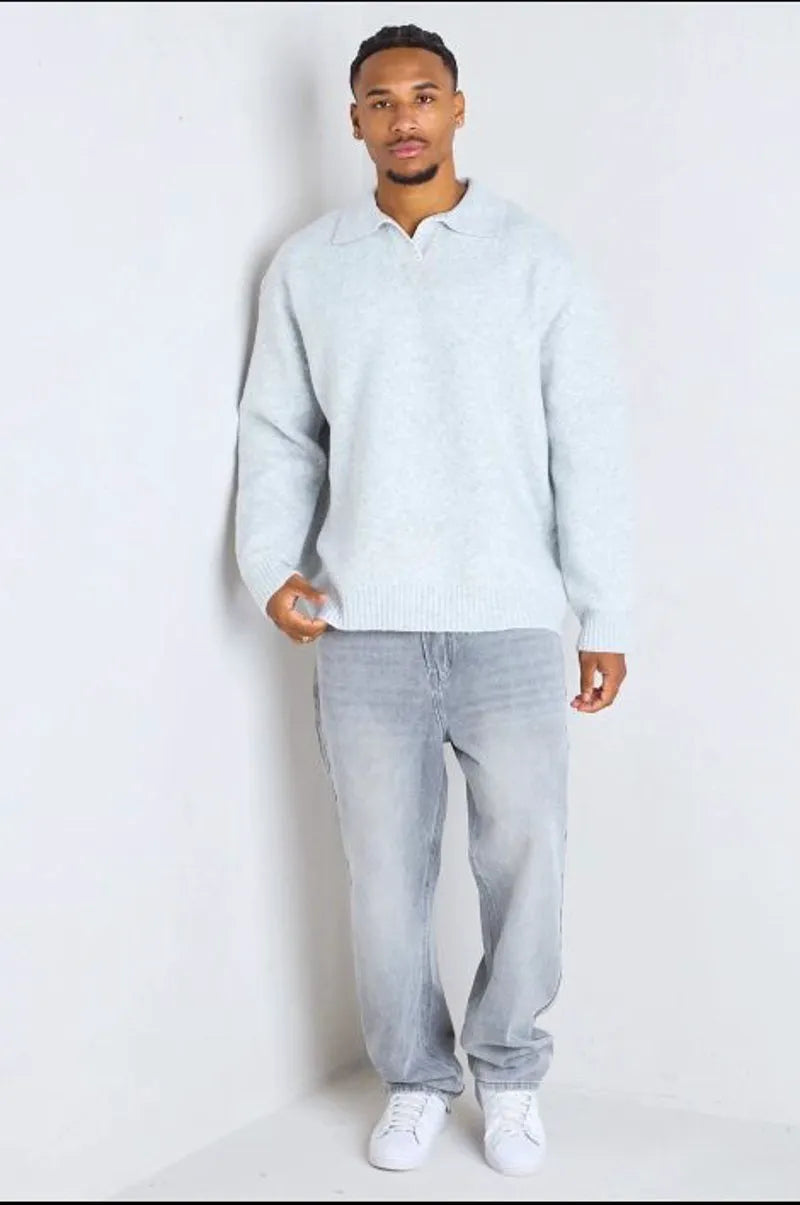 Gray wool sweater with a polo collar