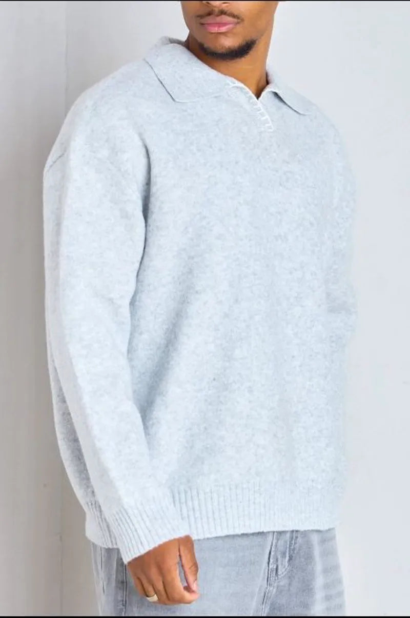 Gray wool sweater with a polo collar