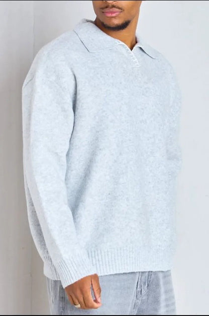 Gray wool sweater with a polo collar