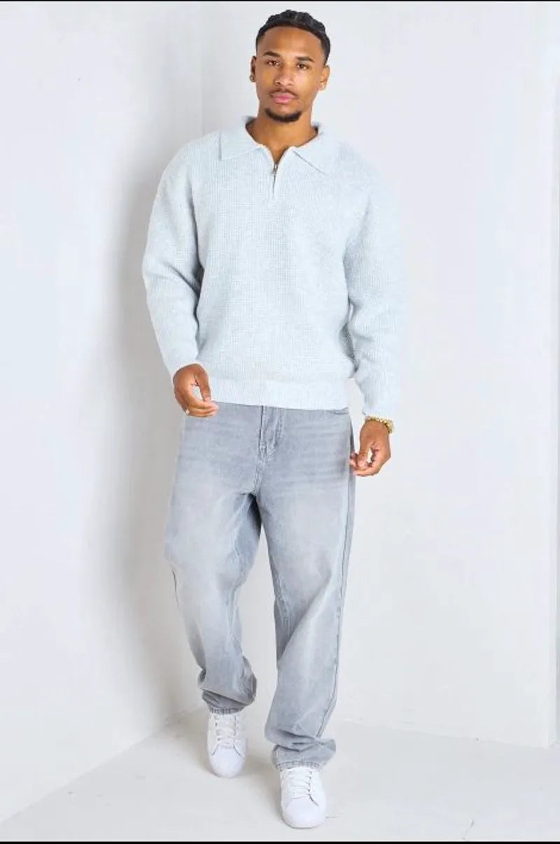 Light gray wool sweater with a zippered polo collar