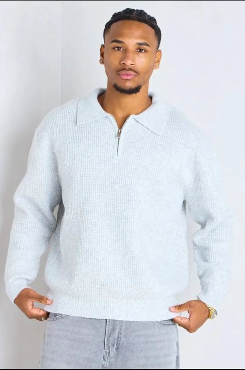 Light gray wool sweater with a zippered polo collar