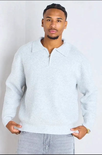 Light gray wool sweater with a zippered polo collar
