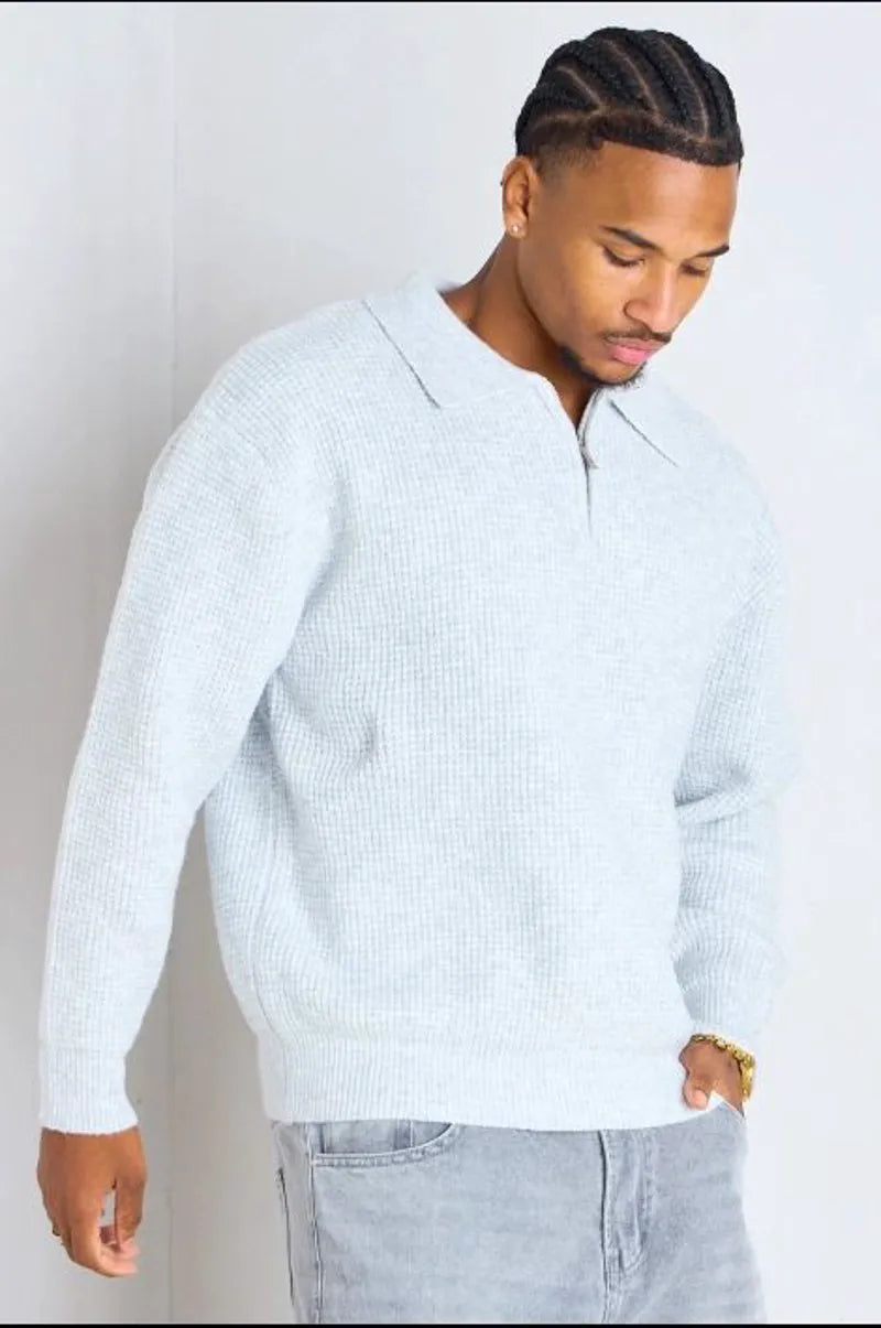 Light gray wool sweater with a zippered polo collar