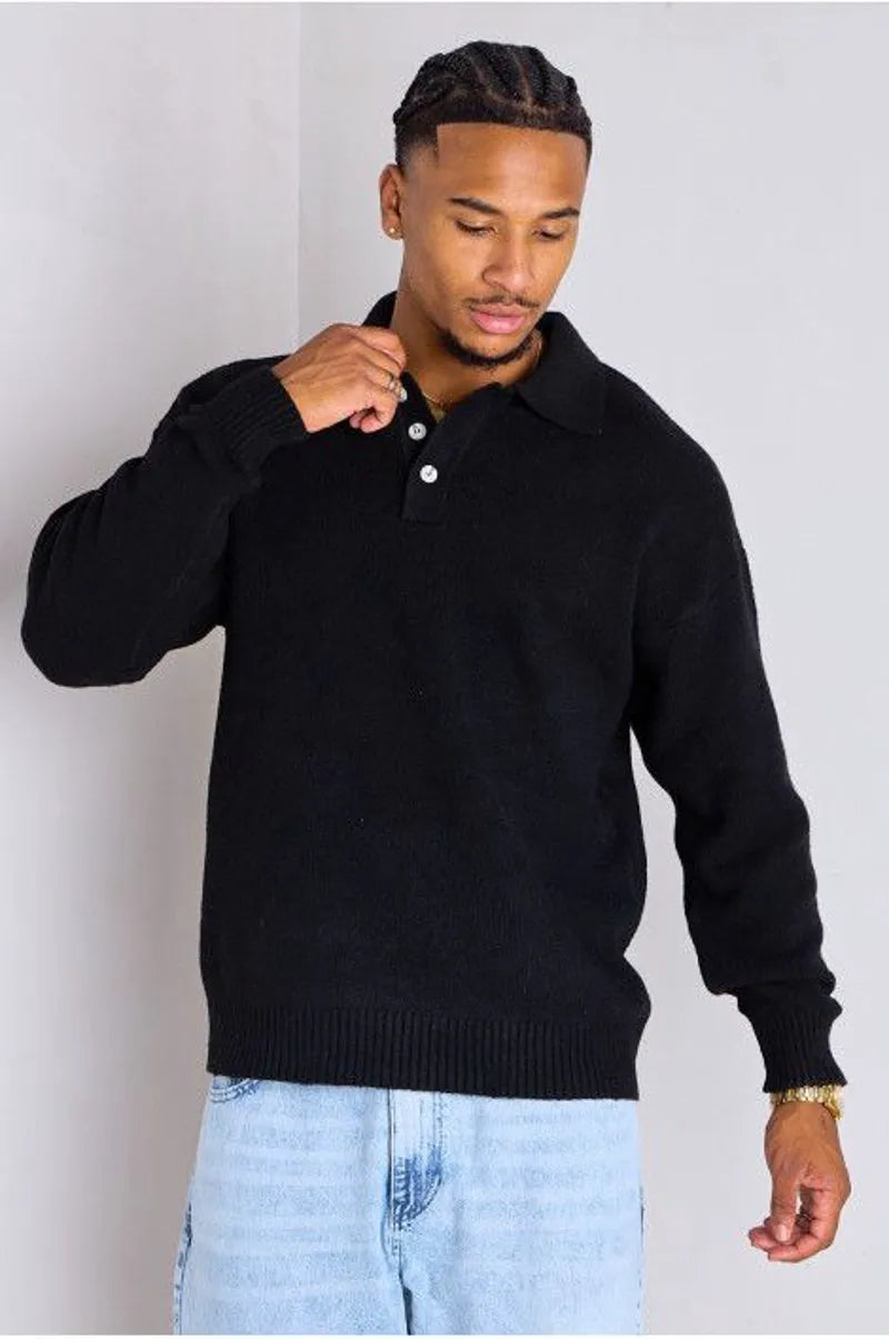 Black wool sweater with a collared neckline