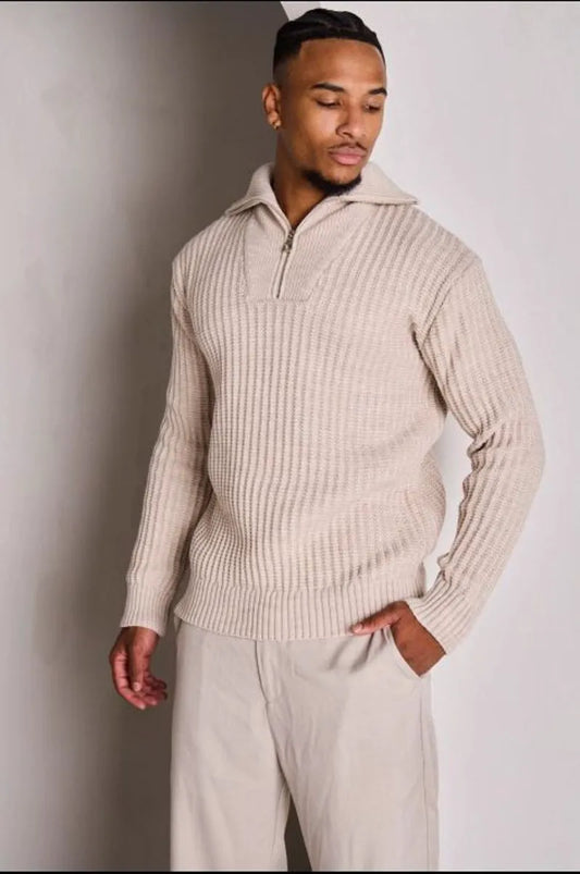 Beige high-neck knit sweater
