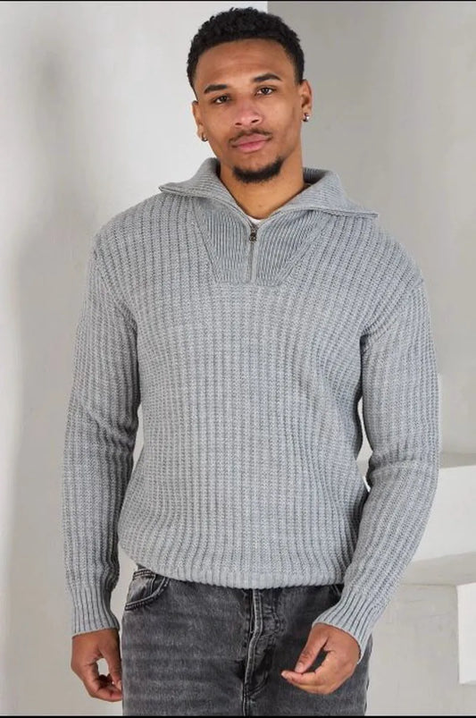 Gray high-neck knit sweater