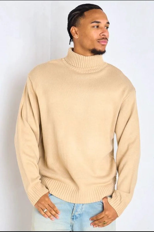 Beige ribbed turtleneck sweater