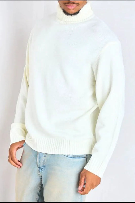 White ribbed turtleneck sweater
