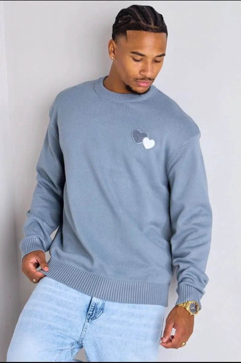 Gray knit sweater with heart embroidery