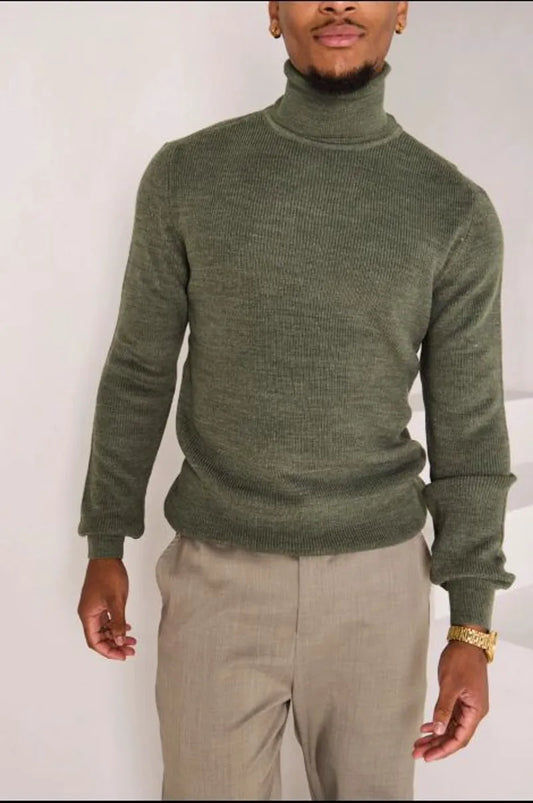 Ribbed khaki turtleneck sweater
