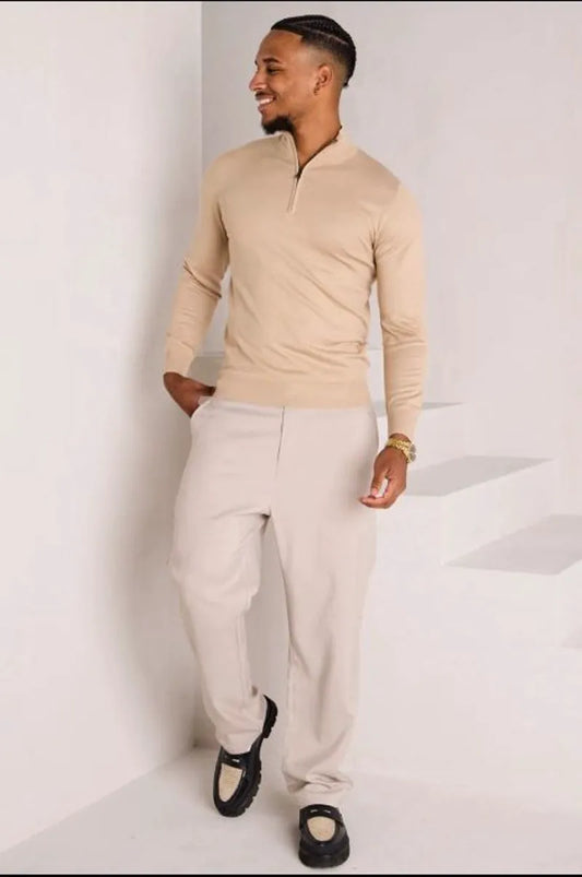 Lightweight high-neck zip-up sweater in dark beige
