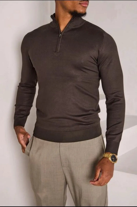 Lightweight khaki zip-up high-neck sweater