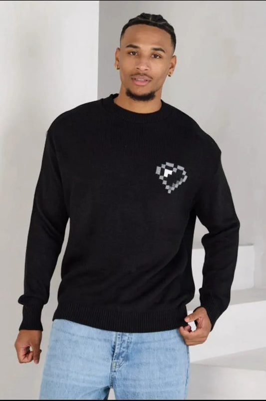 Black sweater with pixelated heart print