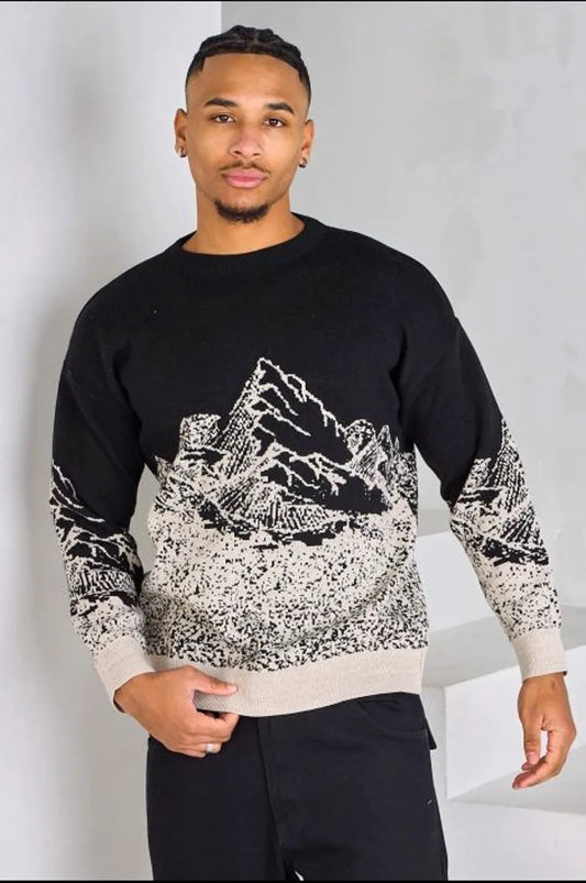 Black sweater with beige landscape pattern
