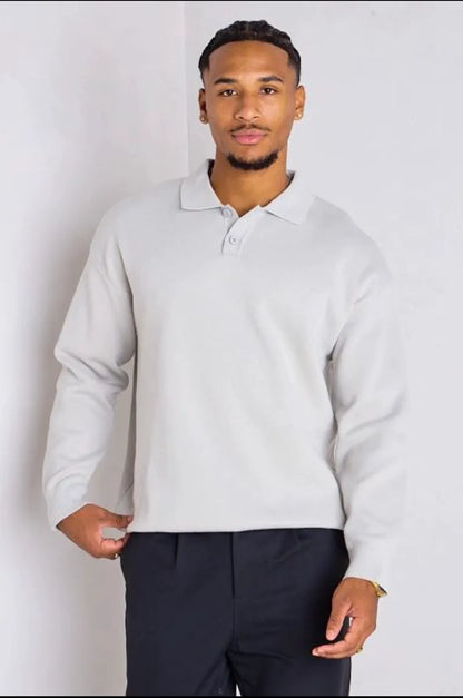 Long-sleeve gray pullover polo