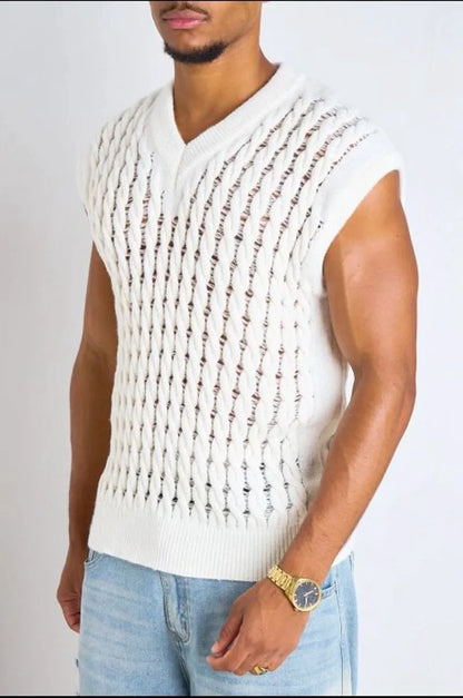 White sleeveless open-knit oversized sweater