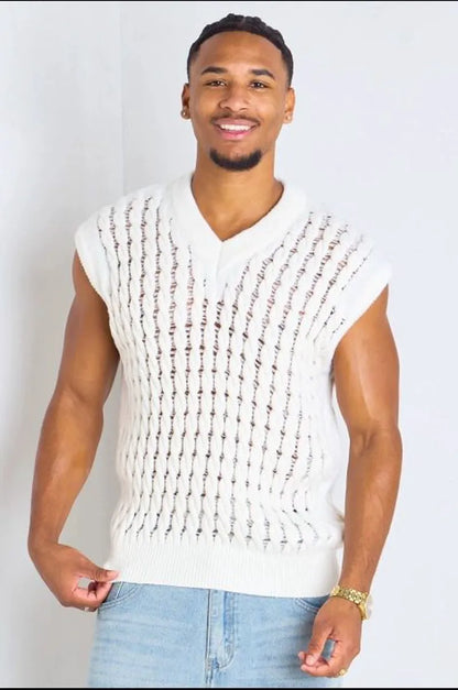 White sleeveless open-knit oversized sweater