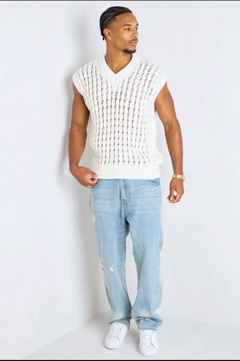 White sleeveless open-knit oversized sweater