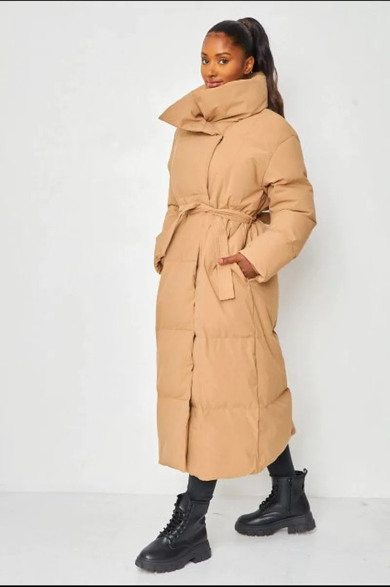 Quilted camel long-sleeve puffer jacket