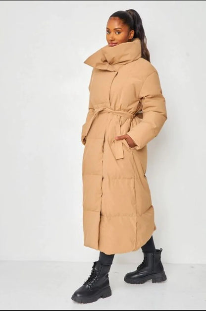 Quilted camel long-sleeve puffer jacket