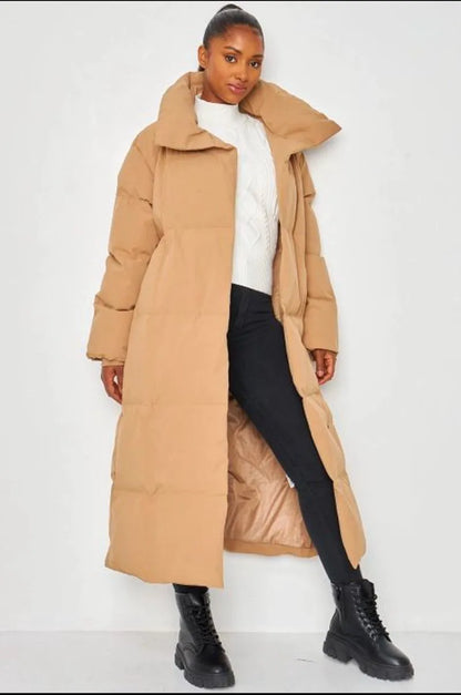 Quilted camel long-sleeve puffer jacket